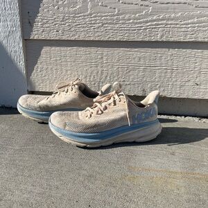 Hoka Cream and Blue Athletic Shoes